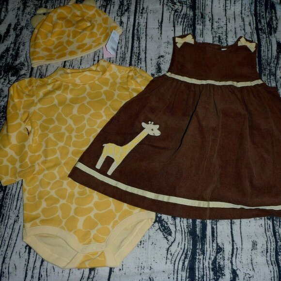 GYMBOREE Baby Giraffe 6-12 Month Dress Bodysuit Hat Outfit NWT